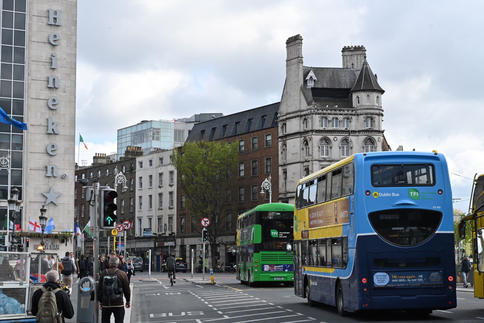 Dublin street scene with double-decker buses, shot on a Nikon